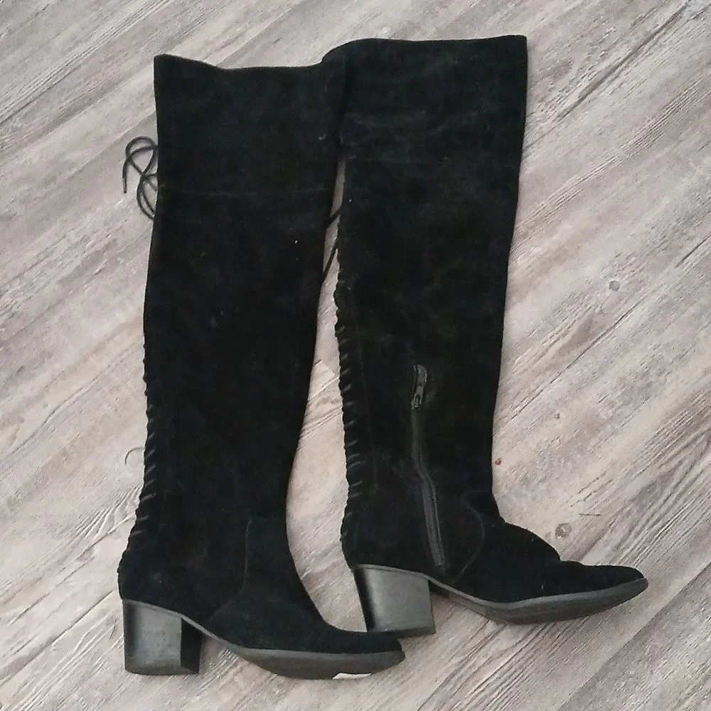 ALDO Bresa suede black over the knee lace laced back block heel boots  Sz 6.5